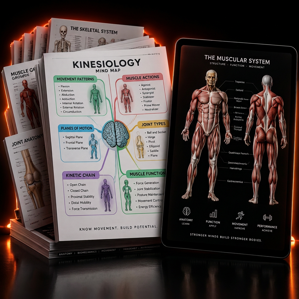 Mockup do material: pilha de páginas impressas com mapas mentais de cinesiologia e tablet com ilustração anatômica