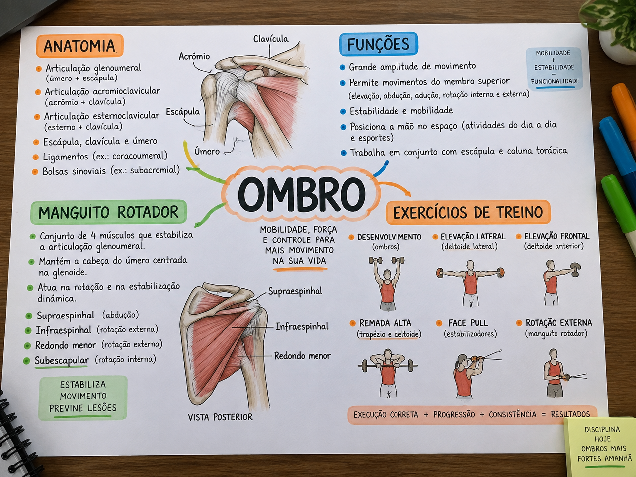 Exemplo de mapa mental sobre ombro: anatomia, funções, manguito rotador e exercícios de treino